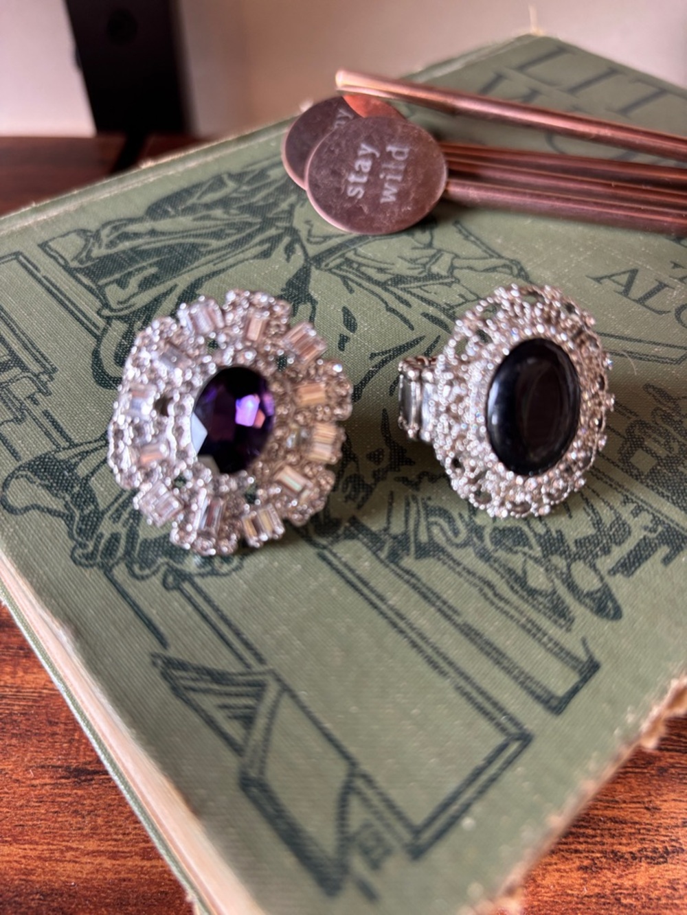 Silver-Tone Ring with Deep Purple Center Stone and black stone